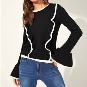 Bell Sleeves Ruffle Sweater Top Black White